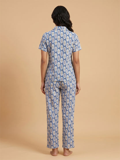 Fablush Women's 100% Cotton Front Open Full Sleeves Nightsuit | Pink Striped Button-Down Pyjama Set | FB17120 Pink Stripe Printed