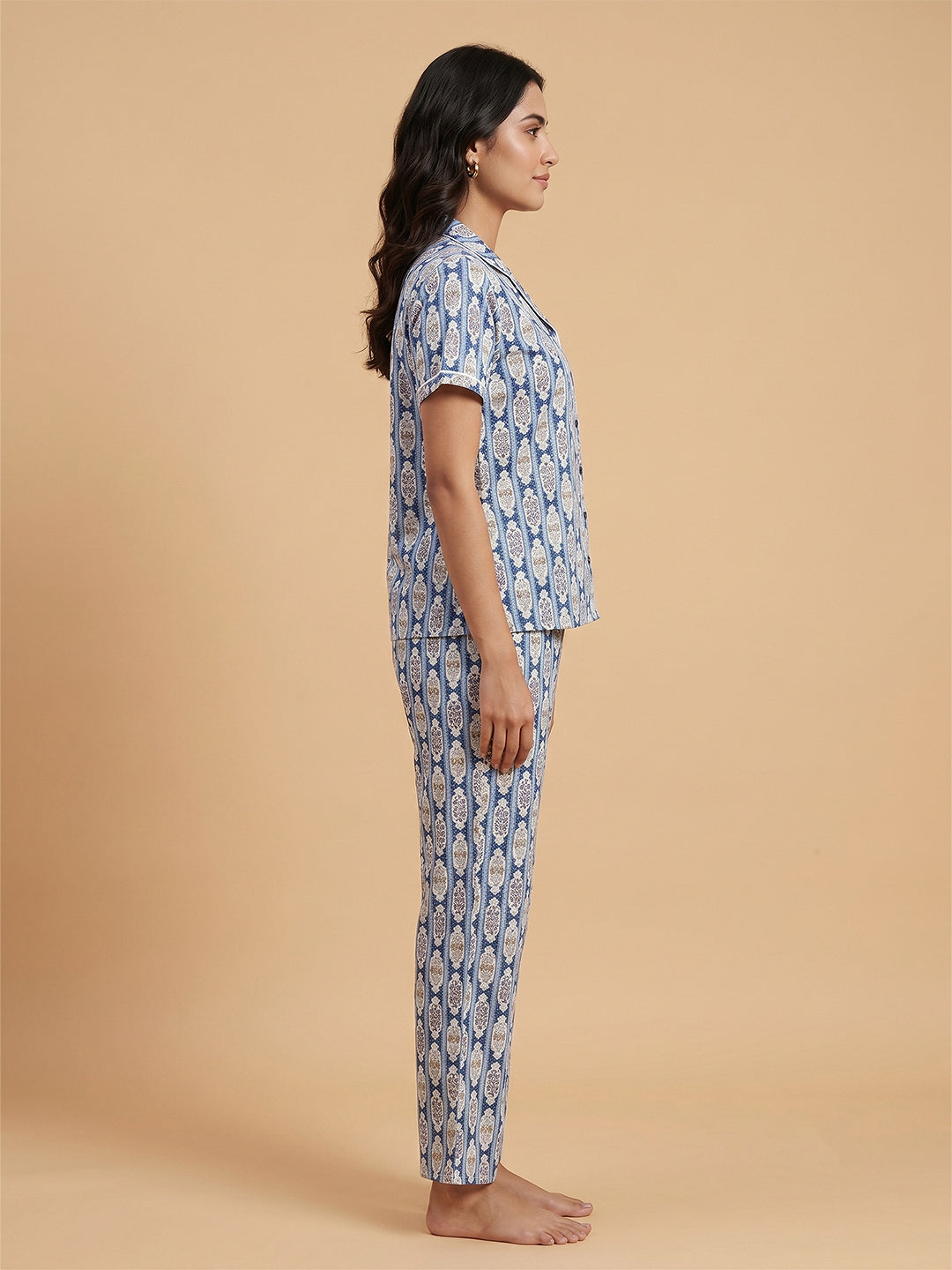 Fablush Women's 100% Cotton Front Open Full Sleeves Nightsuit | Pink Striped Button-Down Pyjama Set | FB17120 Pink Stripe Printed