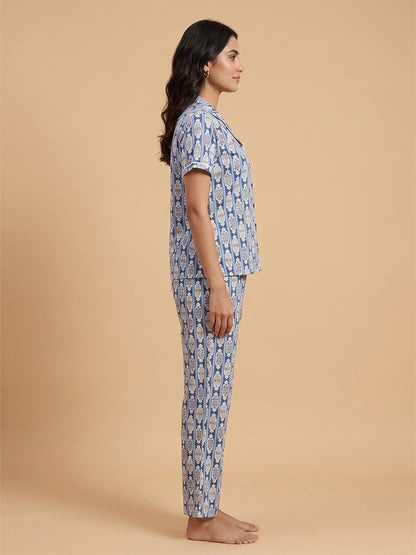 Fablush Women's 100% Cotton Front Open Full Sleeves Nightsuit | Pink Striped Button-Down Pyjama Set | FB17120 Pink Stripe Printed
