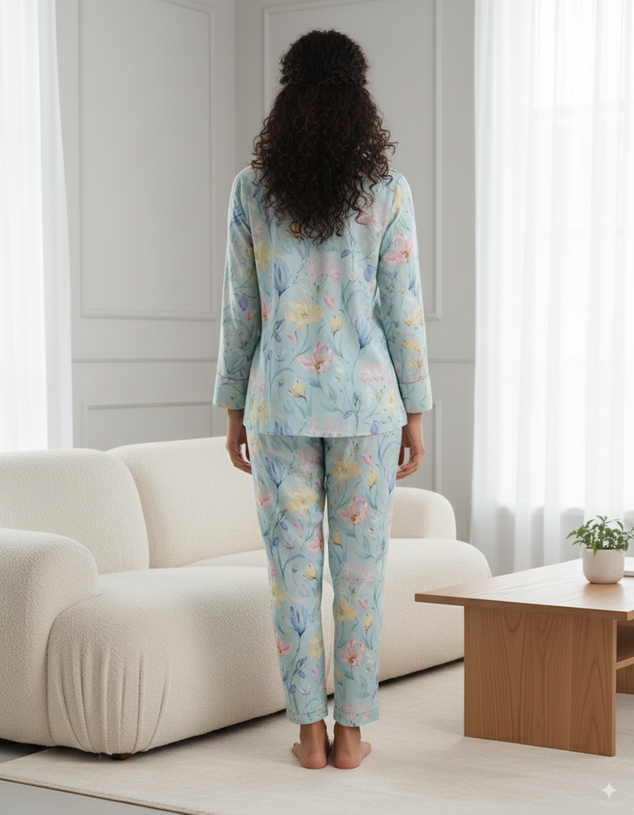 Fablush Women’s Front Open Nightsuit | Full Sleeves, Notch Collar & Flared Pant | FB17021