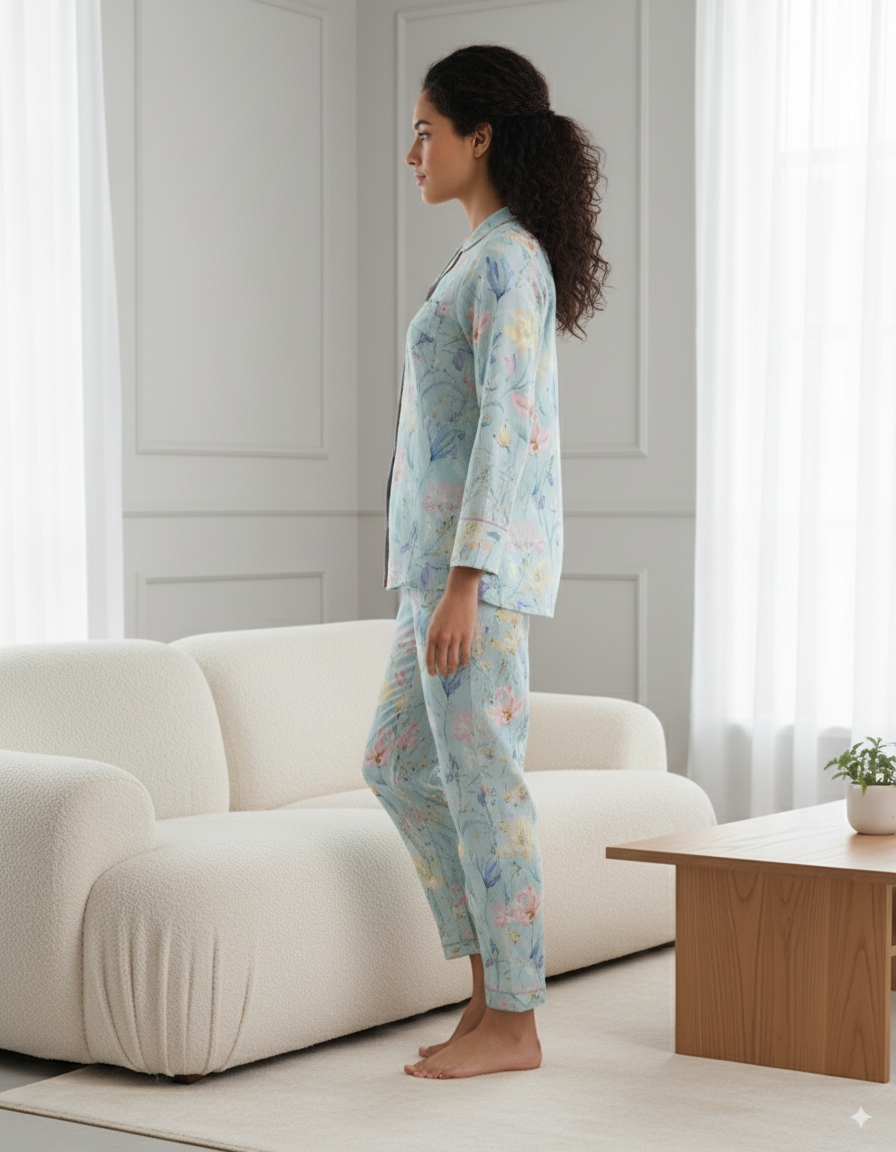 Fablush Women’s Front Open Nightsuit | Full Sleeves, Notch Collar & Flared Pant | FB17021