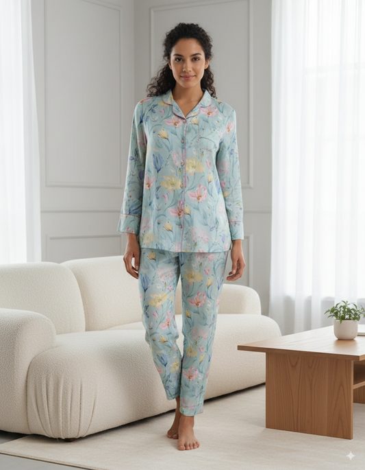 Fablush Women’s Front Open Nightsuit | Full Sleeves, Notch Collar & Flared Pant | FB17021