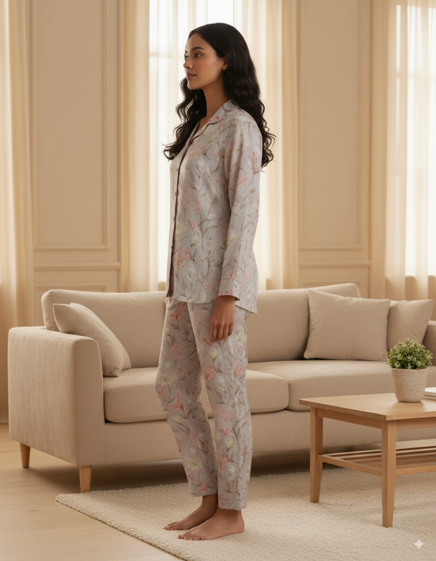 Fablush Women’s Front Open Nightsuit | Full Sleeves, Notch Collar & Flared Pant | FB17021