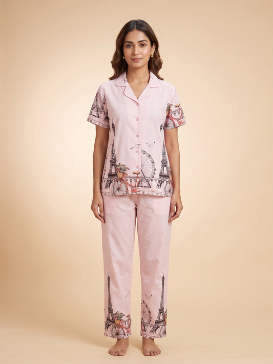 Fablush Women’s Front Open Nightsuit | Rayon Nightwear Set with Notch Collar, Half Sleeves & Flared Pants | Fb17023 Pink