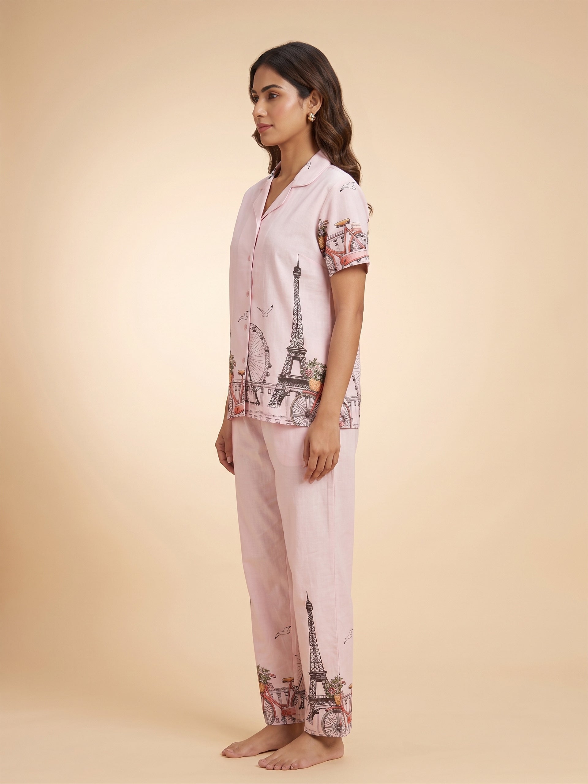 Fablush Women’s Front Open Nightsuit | Rayon Nightwear Set with Notch Collar, Half Sleeves & Flared Pants | Fb17023 Pink