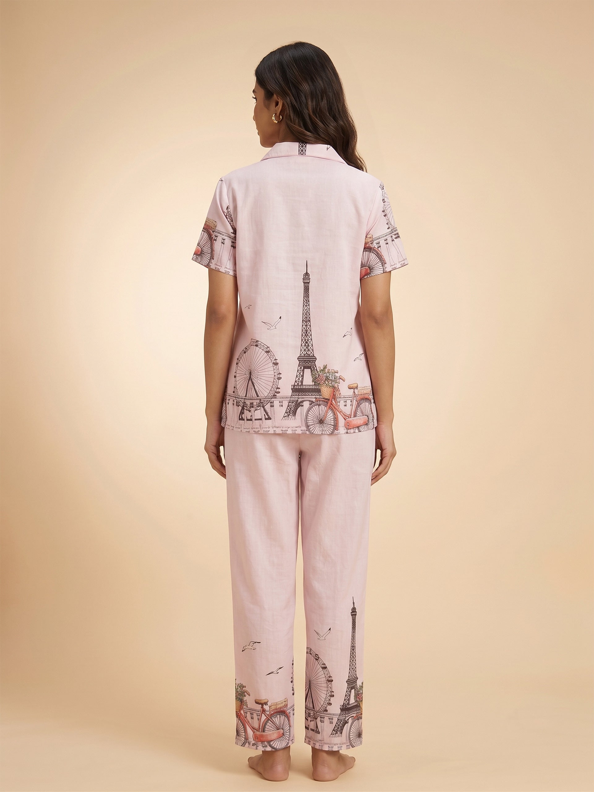 Fablush Women’s Front Open Nightsuit | Rayon Nightwear Set with Notch Collar, Half Sleeves & Flared Pants | Fb17023 Pink