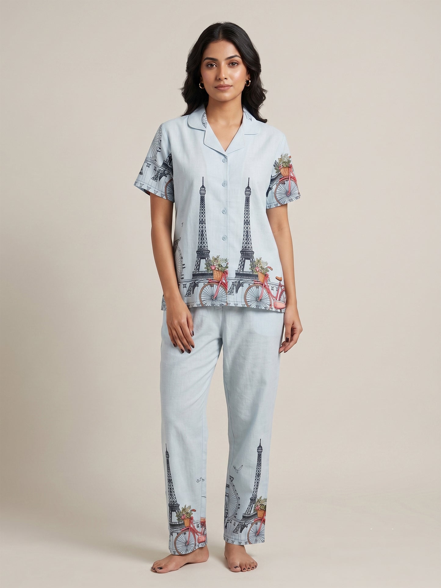 Fablush Women’s Front Open Nightsuit | Rayon Nightwear Set with Notch Collar, Half Sleeves & Flared Pants | Fb17023 Blue