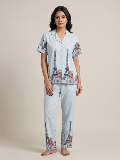Fablush Women’s Front Open Nightsuit | Rayon Nightwear Set with Notch Collar, Half Sleeves & Flared Pants | Fb17023 Blue
