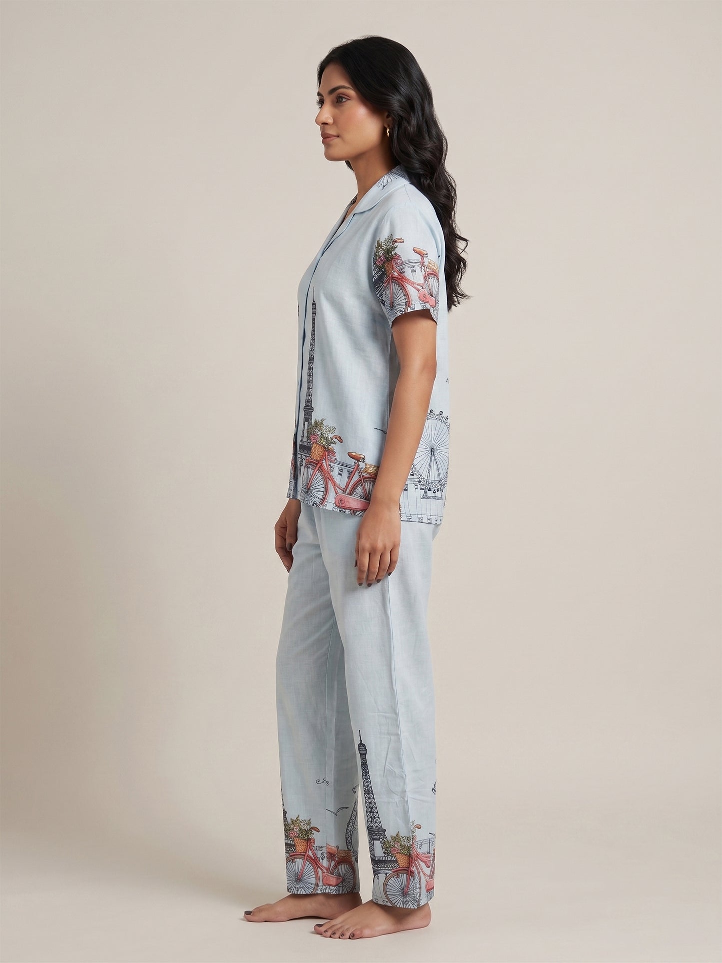 Fablush Women’s Front Open Nightsuit | Rayon Nightwear Set with Notch Collar, Half Sleeves & Flared Pants | Fb17023 Pink