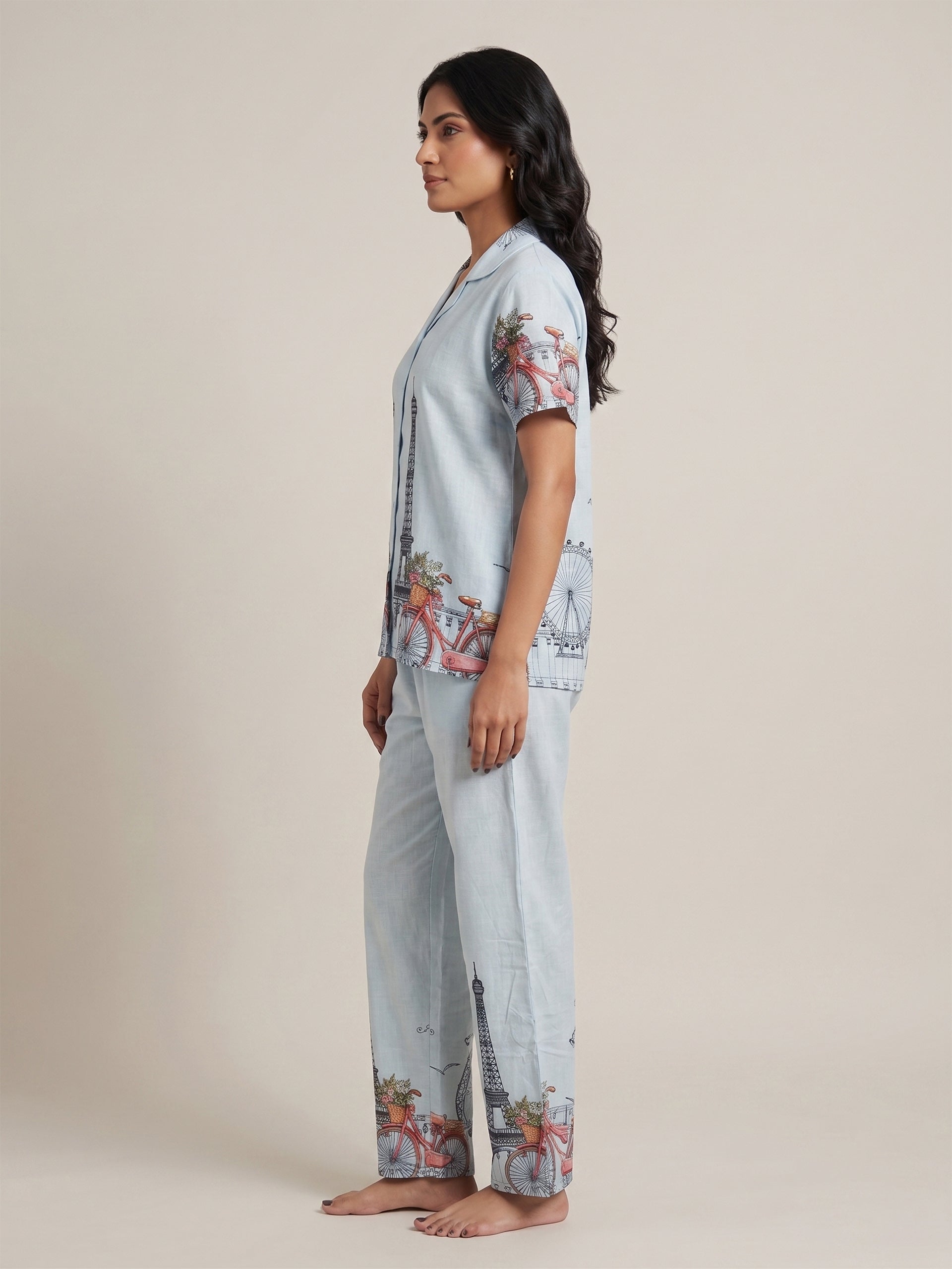 Fablush Women’s Front Open Nightsuit | Rayon Nightwear Set with Notch Collar, Half Sleeves & Flared Pants | Fb17023 Pink