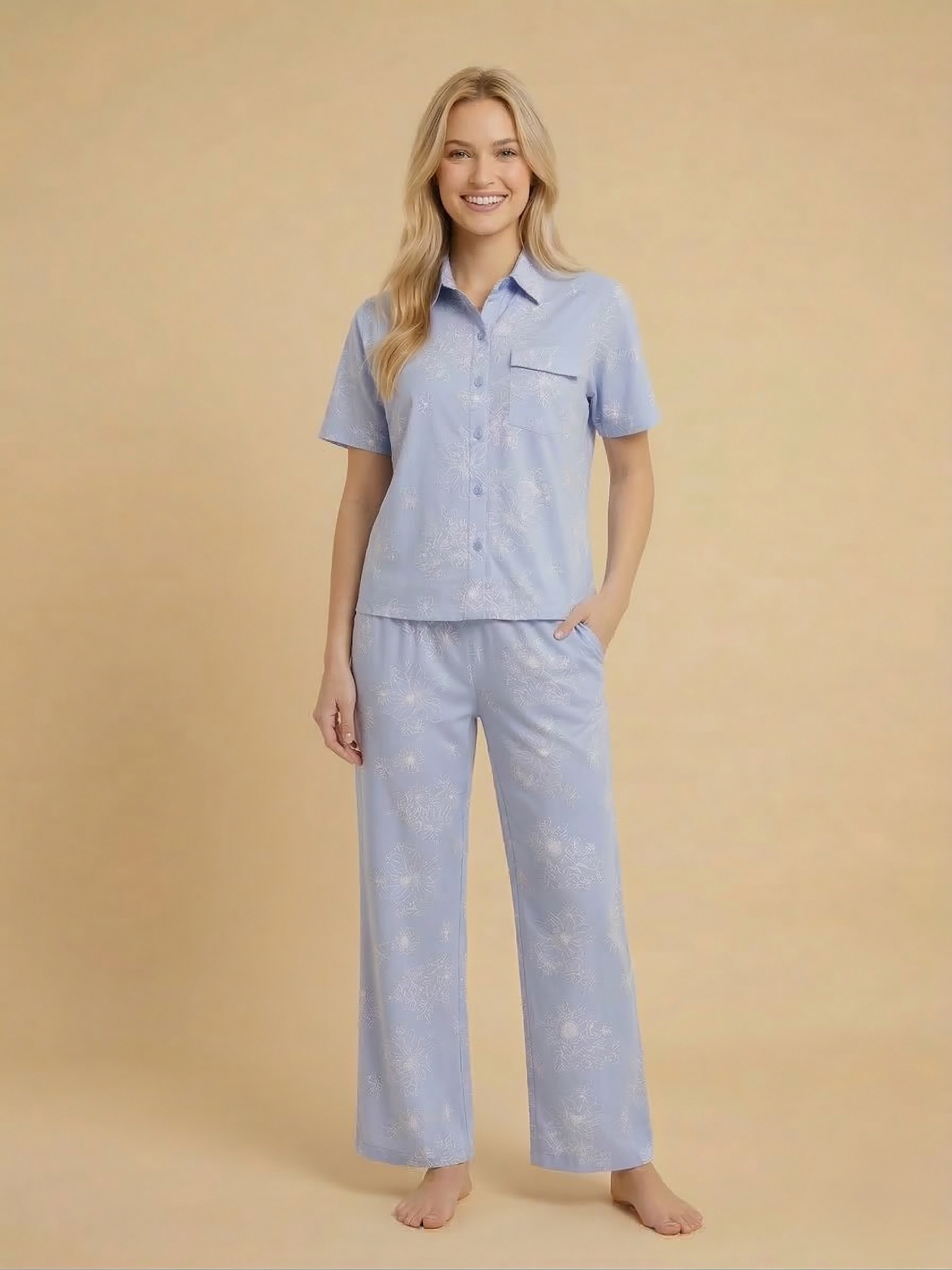 Fablush Women’s 100% Cotton Front Open Nightsuit | Soft Breathable Sleepwear Set | FB17028 Ice Blue