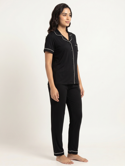 Fablush Women’s Cotton Modal Front Open Nightsuit | Soft Breathable Nightwear | FB17031 Black