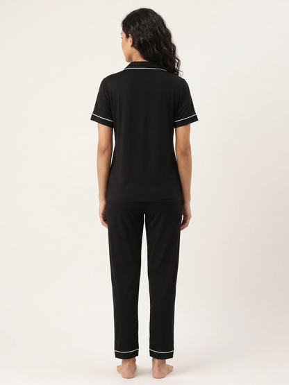 Fablush Women’s Cotton Modal Front Open Nightsuit | Soft Breathable Nightwear | FB17031 Black