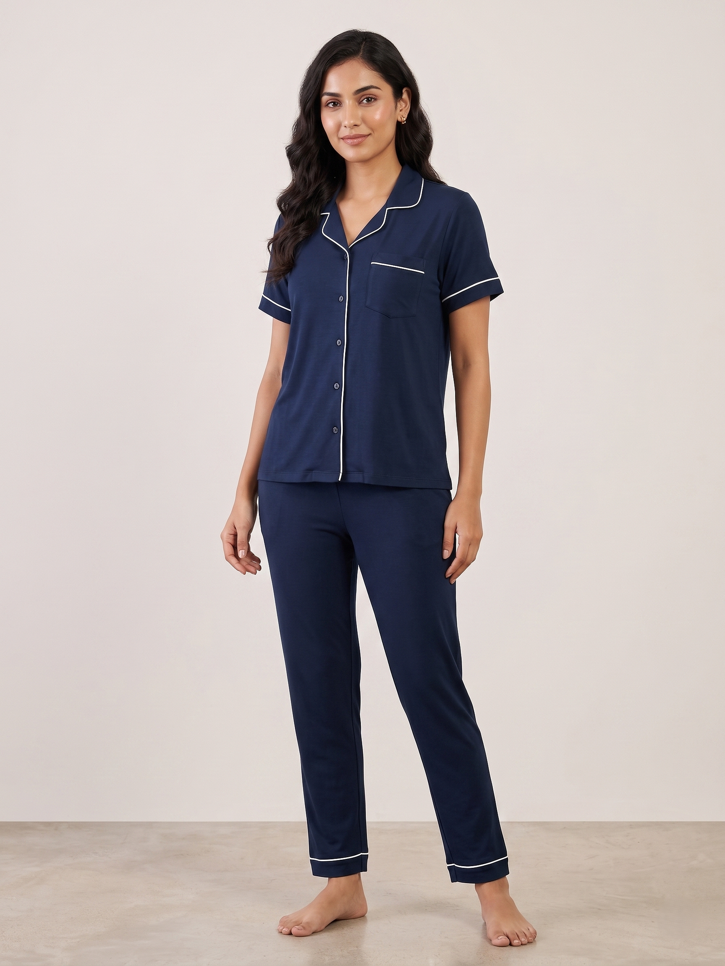 Fablush Women’s Cotton Modal Front Open Nightsuit | Soft Breathable Nightwear | FB17031 Blue