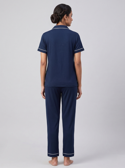 Fablush Women’s Cotton Modal Front Open Nightsuit | Soft Breathable Nightwear | FB17031 Blue