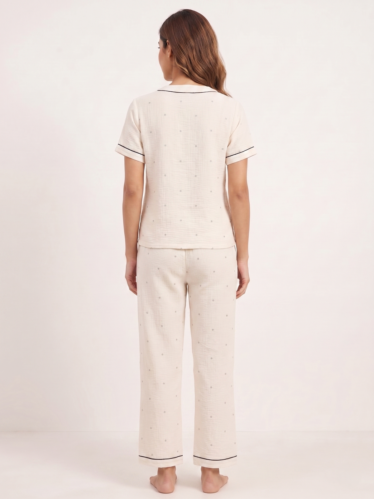 Fablush Women’s Front Open Nightsuit | Cotton Blend Woven Soft Sleepwear | FB17032 Off White Print