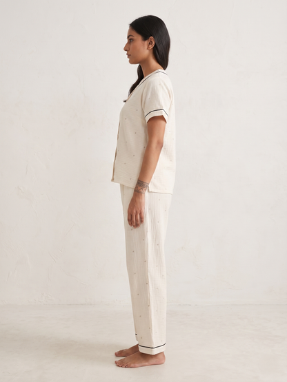 Fablush Women’s Front Open Nightsuit | Cotton Blend Woven Soft Sleepwear | FB17032 Off White Print