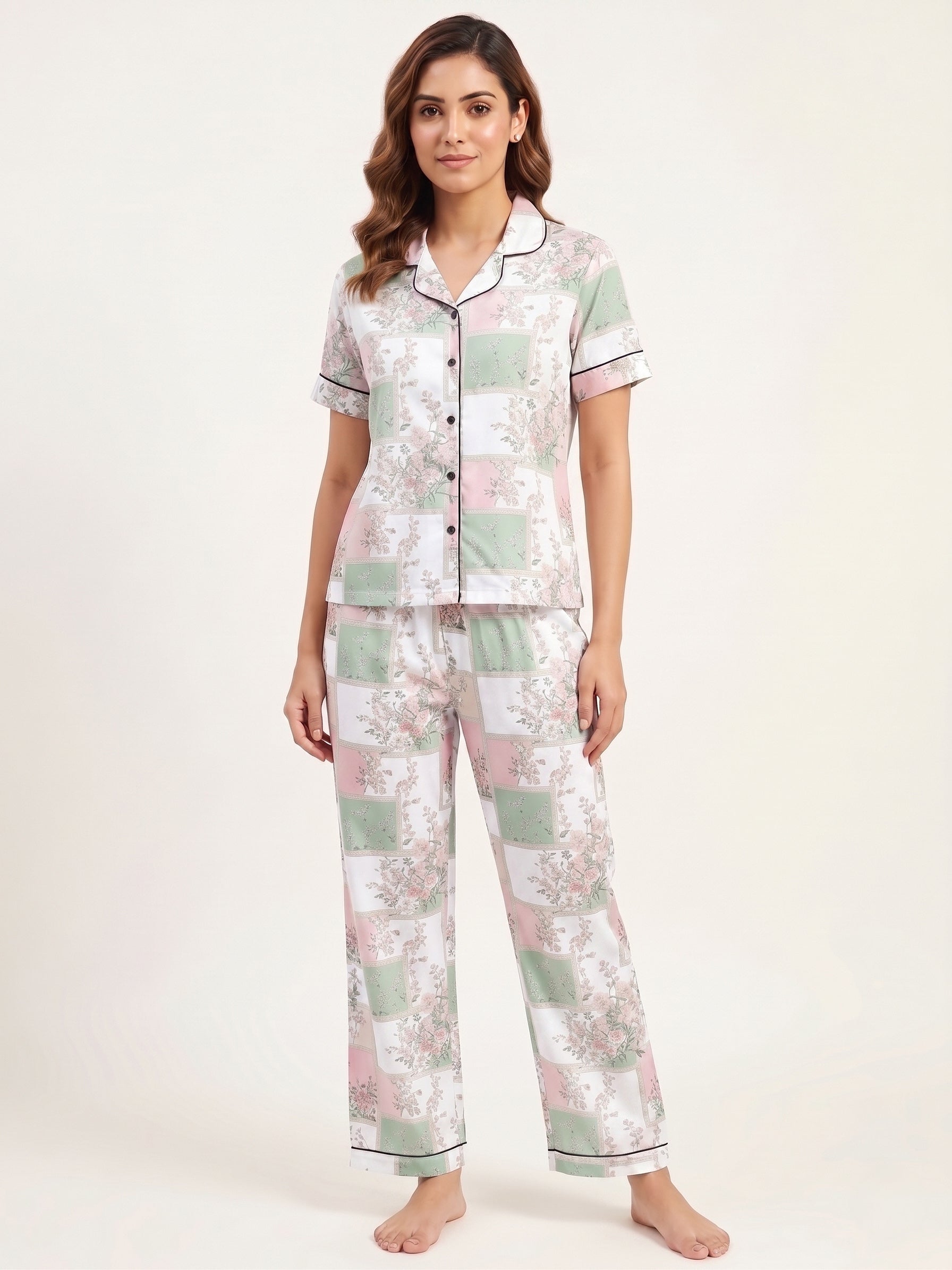 Fablush Women’s Front Open Nightsuit | 100% Rayon Soft Breathable Sleepwear | FB17033