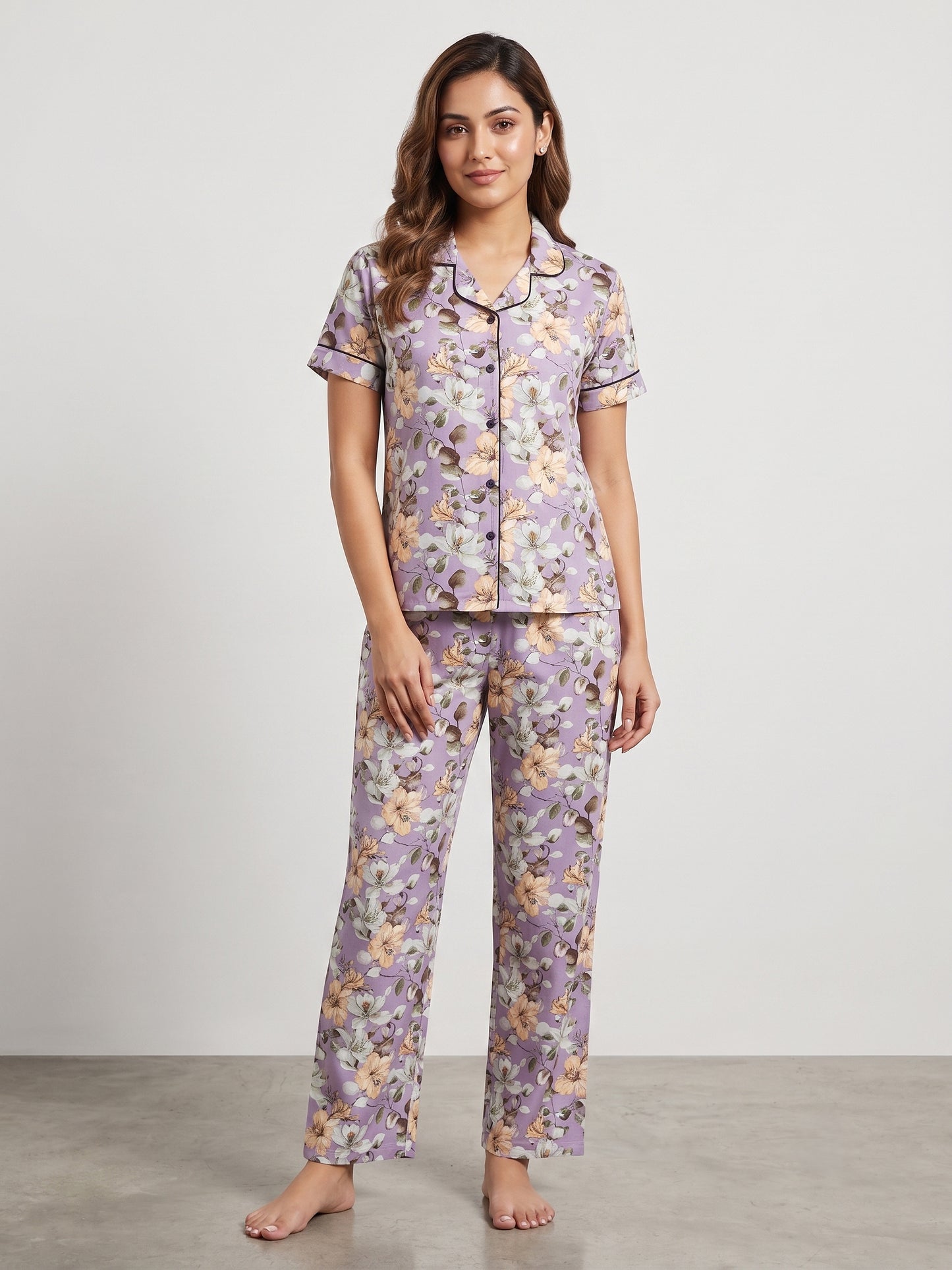 Fablush Women's 100% Rayon Front Open Nightsuit | Soft Floral Printed Nightwear Set | FB17034