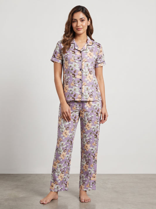 Fablush Women's 100% Rayon Front Open Nightsuit | Soft Floral Printed Nightwear Set | FB17034