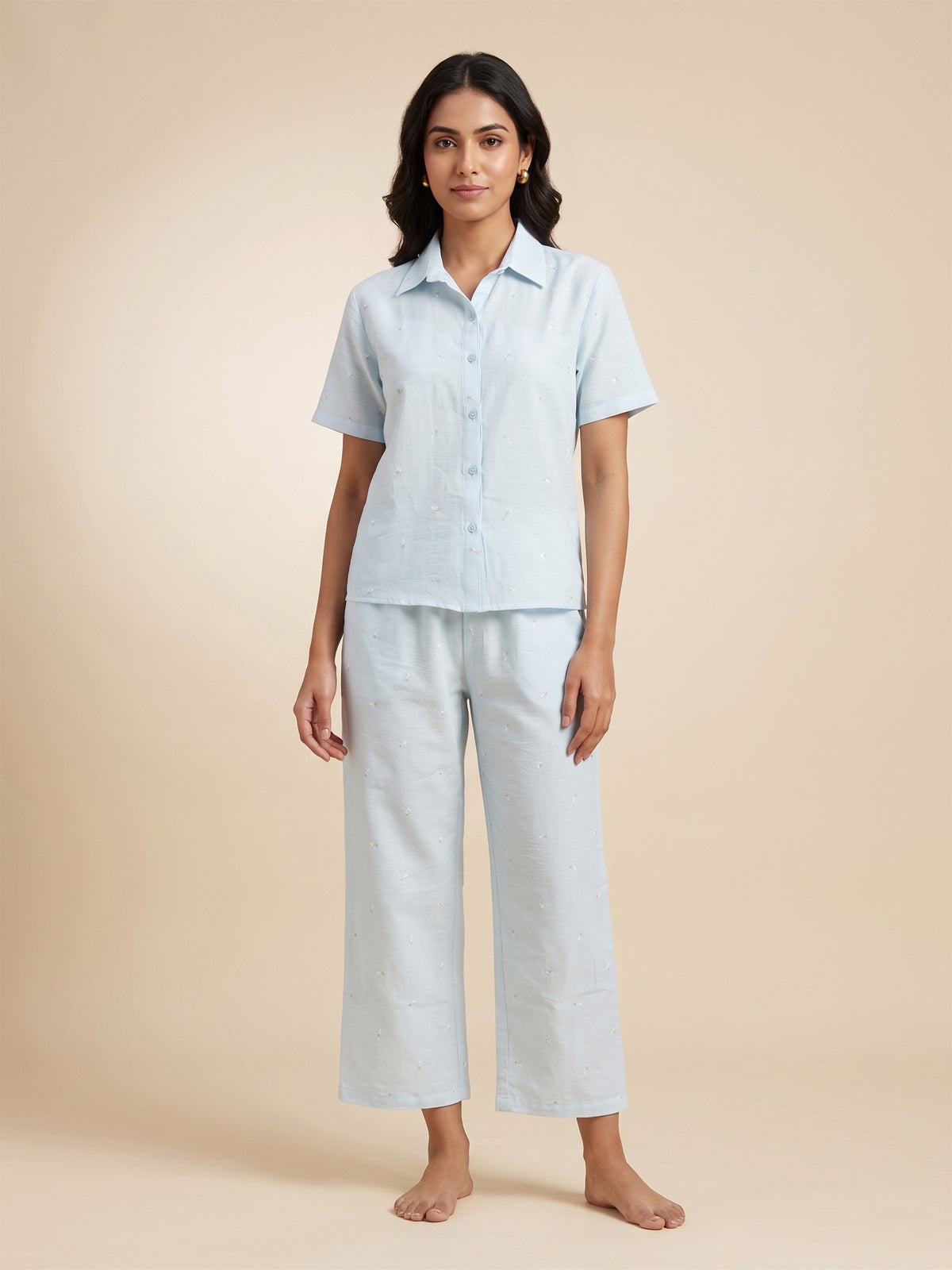 Fablush Women's Cotton Rich Woven Front Open Nightsuit | Sky Blue Printed Button-Down Pyjama Set | FB17035