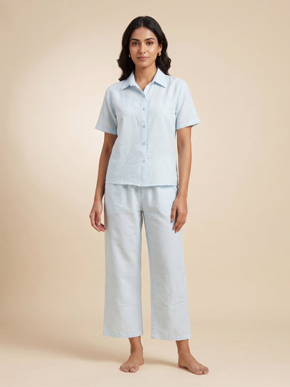 Fablush Women's Cotton Rich Woven Front Open Nightsuit | Sky Blue Printed Button-Down Pyjama Set | FB17035