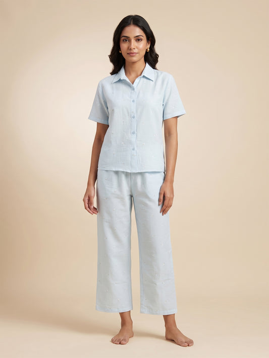 Fablush Women's Cotton Rich Woven Front Open Nightsuit | Sky Blue Printed Button-Down Pyjama Set | FB17035