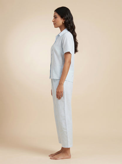 Fablush Women's Cotton Rich Woven Front Open Nightsuit | Sky Blue Printed Button-Down Pyjama Set | FB17035