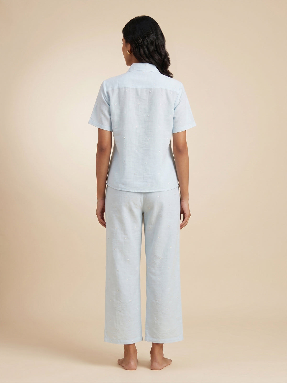 Fablush Women's Cotton Rich Woven Front Open Nightsuit | Sky Blue Printed Button-Down Pyjama Set | FB17035