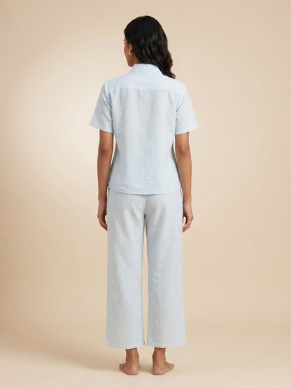 Fablush Women's Cotton Rich Woven Front Open Nightsuit | Sky Blue Printed Button-Down Pyjama Set | FB17035