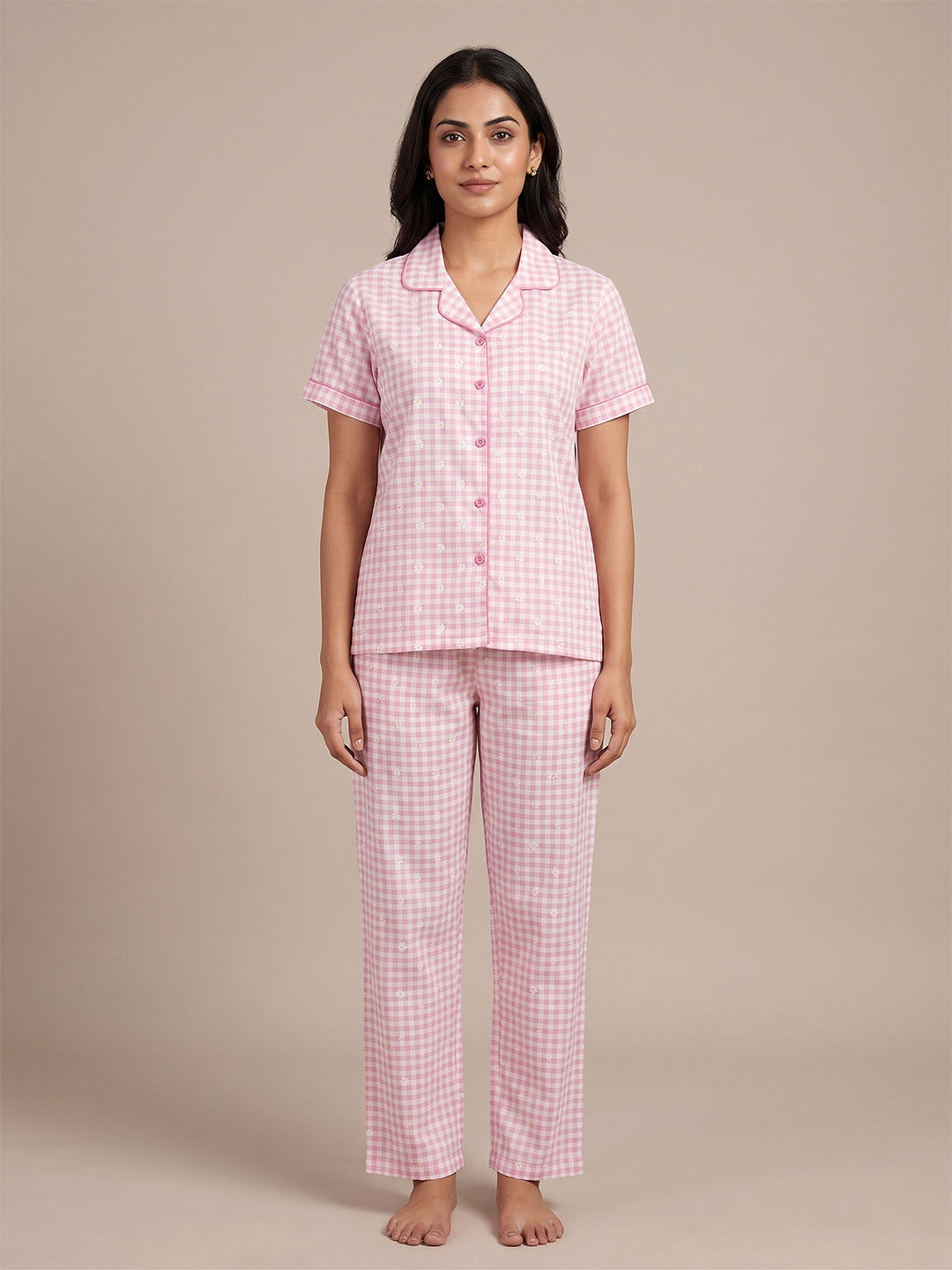 Fablush Women's 100% Cotton Front Open Nightsuit | Pink Printed Button-Down Pyjama Set | FB17036 Pink Print