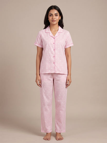 Fablush Women's 100% Cotton Front Open Nightsuit | Pink Printed Button-Down Pyjama Set | FB17036 Pink Print