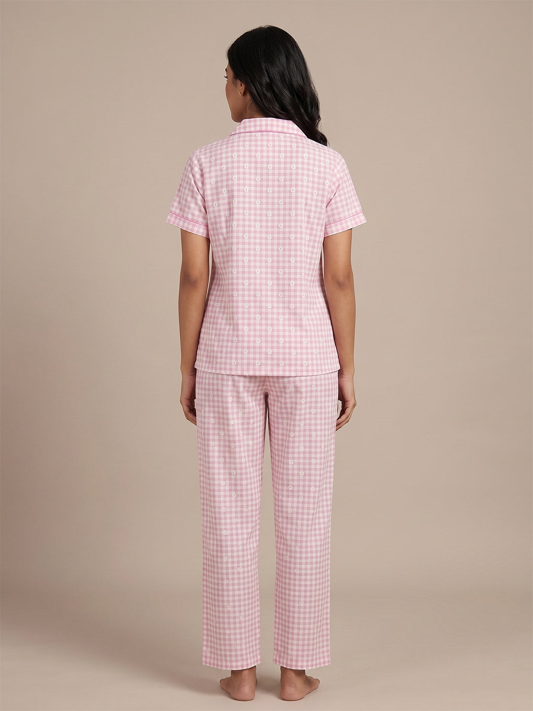 Fablush Women's 100% Cotton Front Open Nightsuit | Pink Printed Button-Down Pyjama Set | FB17036 Pink Print