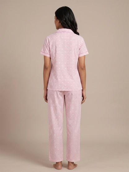 Fablush Women's 100% Cotton Front Open Nightsuit | Pink Printed Button-Down Pyjama Set | FB17036 Pink Print