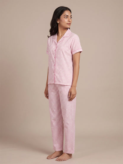 Fablush Women's 100% Cotton Front Open Nightsuit | Pink Printed Button-Down Pyjama Set | FB17036 Pink Print