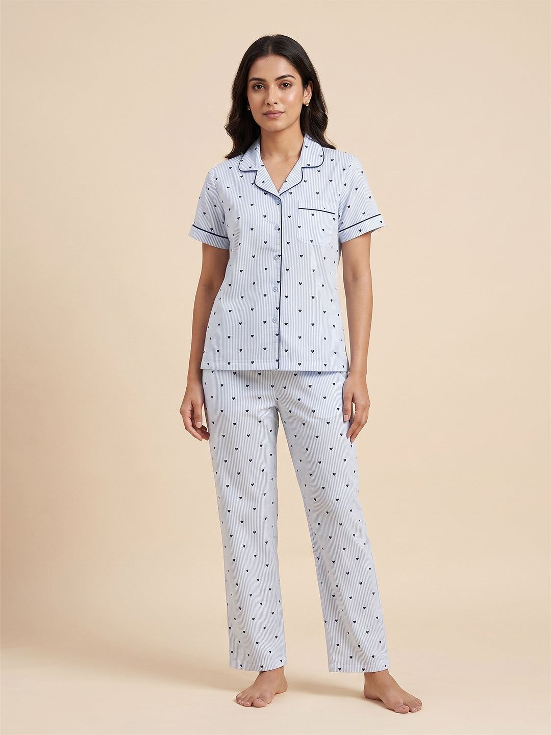 Fablush Women's 100% Cotton Front Open Nightsuit | Sky Blue Striped Button-Down Pyjama Set | FB17037 Sky Blue Stripe