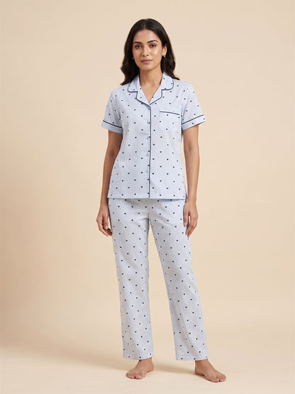 Fablush Women's 100% Cotton Front Open Nightsuit | Sky Blue Striped Button-Down Pyjama Set | FB17037 Sky Blue Stripe