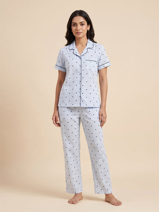 Fablush Women's 100% Cotton Front Open Nightsuit | Sky Blue Striped Button-Down Pyjama Set | FB17037 Sky Blue Stripe