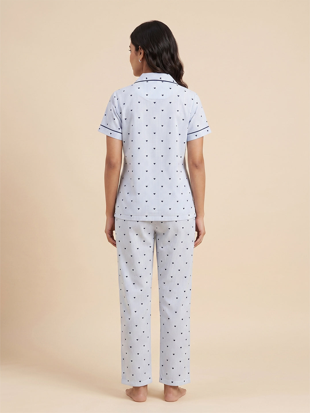 Fablush Women's 100% Cotton Front Open Nightsuit | Sky Blue Striped Button-Down Pyjama Set | FB17037 Sky Blue Stripe