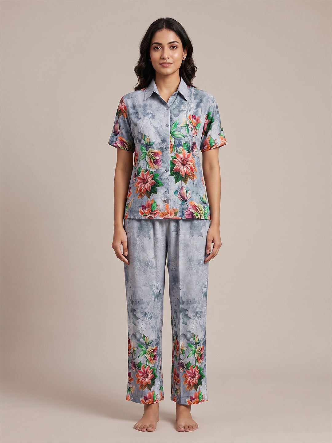 Fablush Women's 100% Rayon Front Open Nightsuit | Dark Grey Printed Button-Down Pyjama Set | FB17038 Dark Grey Print