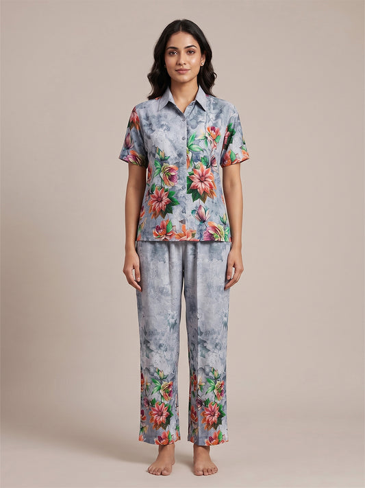 Fablush Women's 100% Rayon Front Open Nightsuit | Dark Grey Printed Button-Down Pyjama Set | FB17038 Dark Grey Print