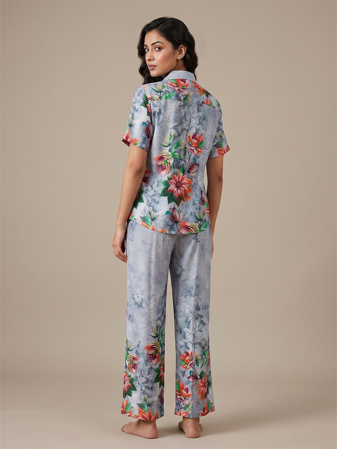 Fablush Women's 100% Rayon Front Open Nightsuit | Dark Grey Printed Button-Down Pyjama Set | FB17038 Dark Grey Print