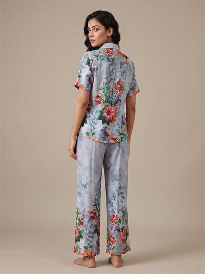 Fablush Women's 100% Rayon Front Open Nightsuit | Dark Grey Printed Button-Down Pyjama Set | FB17038 Dark Grey Print
