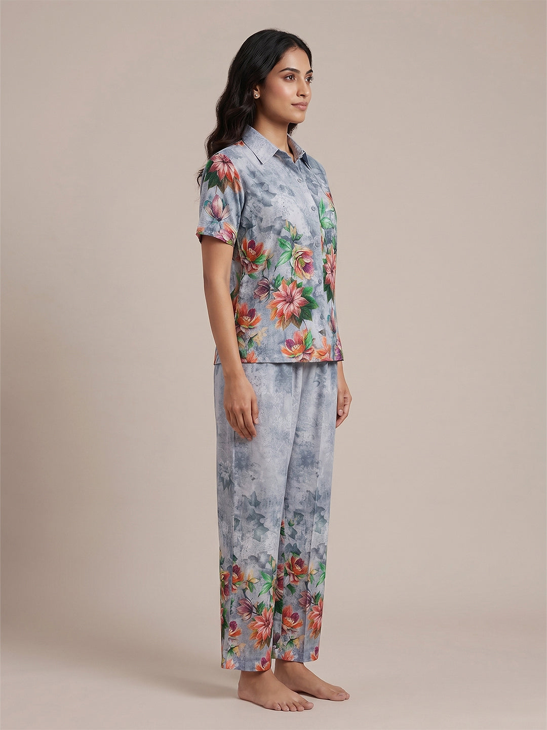 Fablush Women's 100% Rayon Front Open Nightsuit | Dark Grey Printed Button-Down Pyjama Set | FB17038 Dark Grey Print