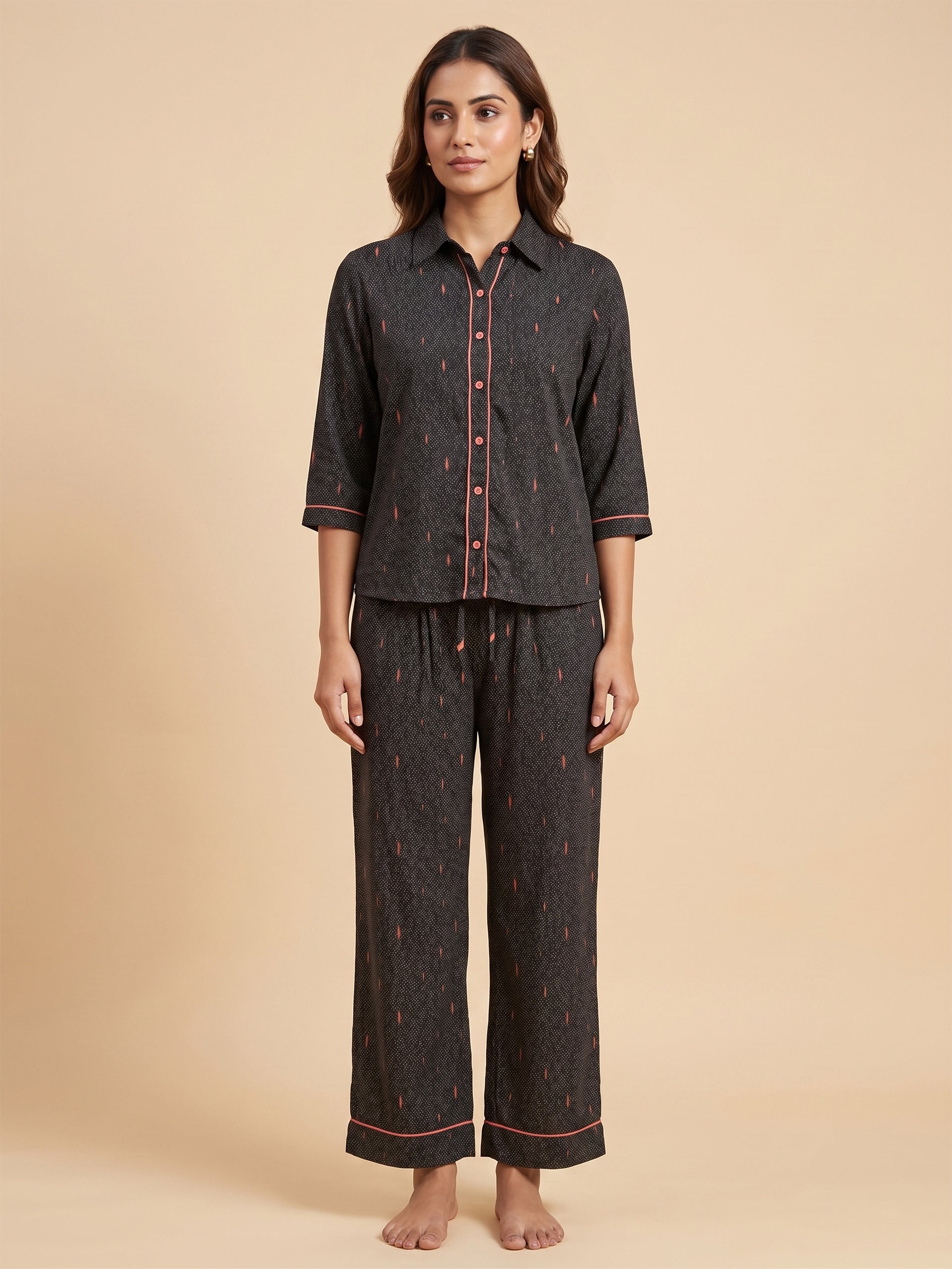 Fablush Front Open Full Sleeves Nightsuit Women's Nightwear Set | Fb17105 Black Dot
