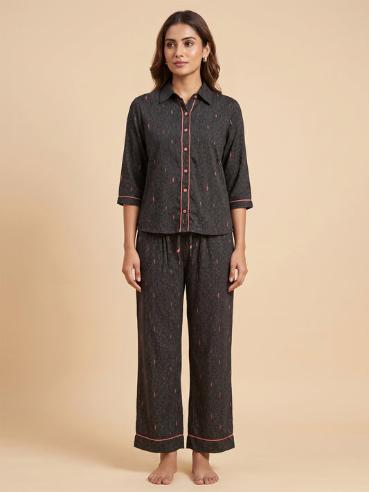 Fablush Front Open Full Sleeves Nightsuit Women's Nightwear Set | Fb17105 Black Dot