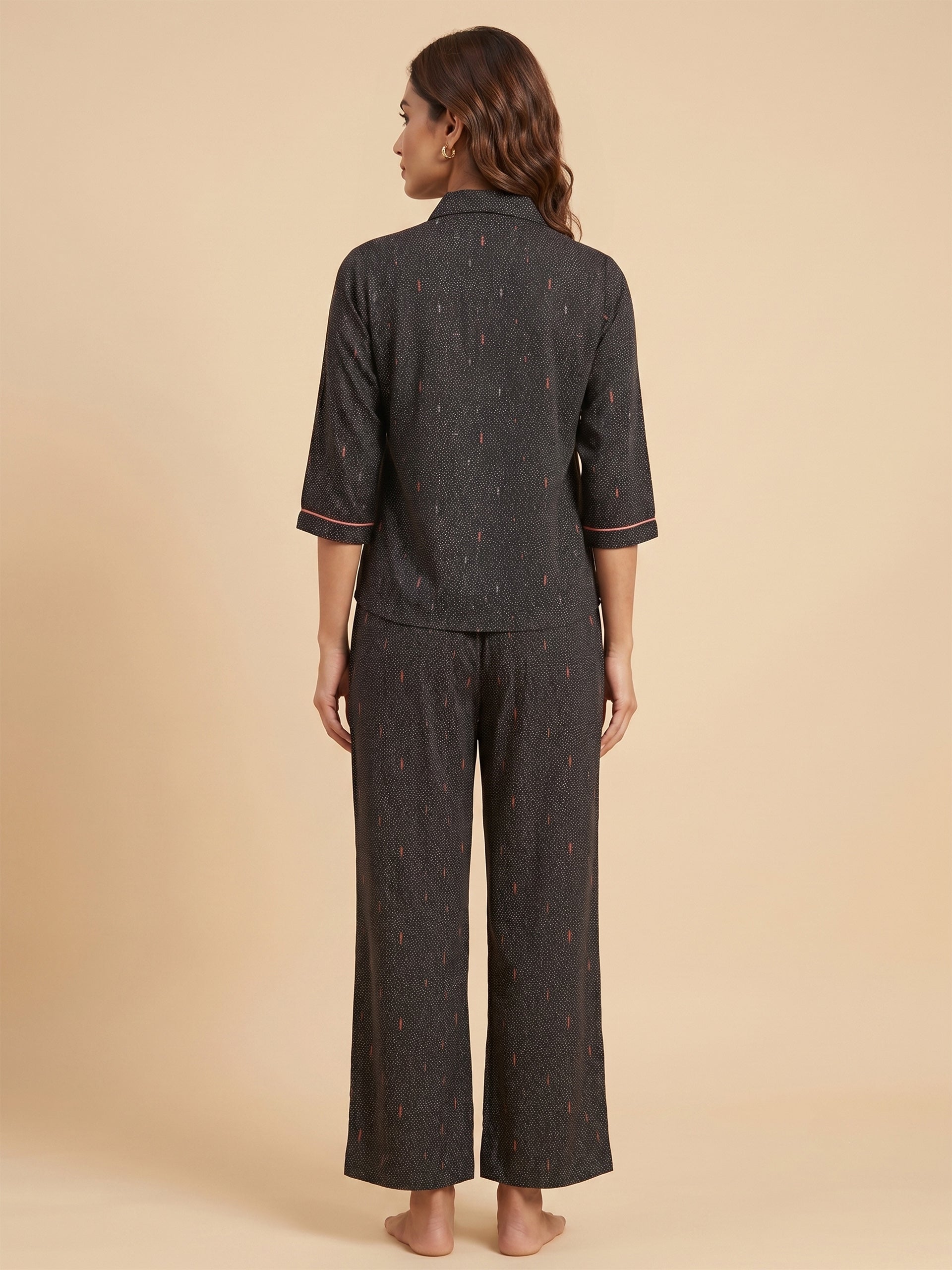 Fablush Front Open Full Sleeves Nightsuit Women's Nightwear Set | Fb17105 Black Dot