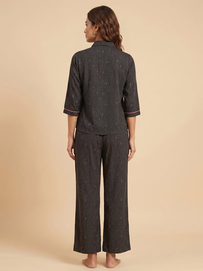 Fablush Front Open Full Sleeves Nightsuit Women's Nightwear Set | Fb17105 Black Dot