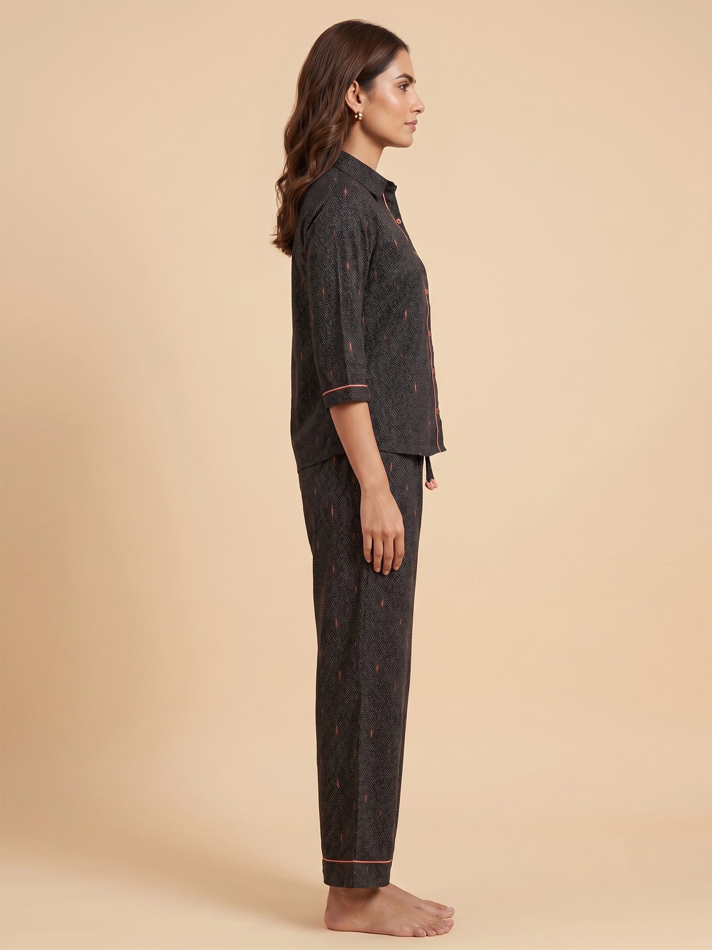 Fablush Front Open Full Sleeves Nightsuit Women's Nightwear Set | Fb17105 Black Dot