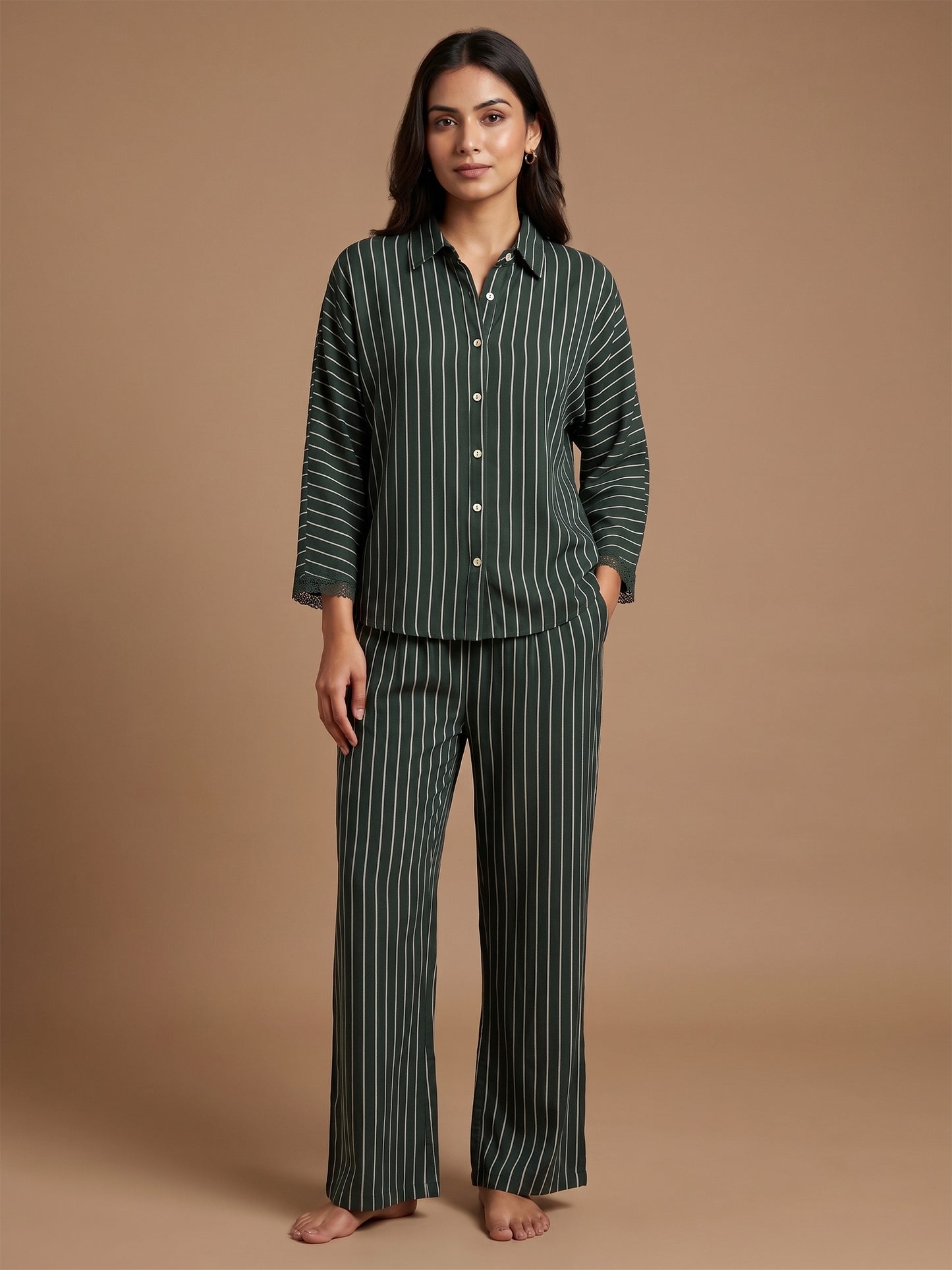 Fablush Front Open Full Sleeves Nightsuit Women's Nightwear Set | Fb17105 Green Stripe
